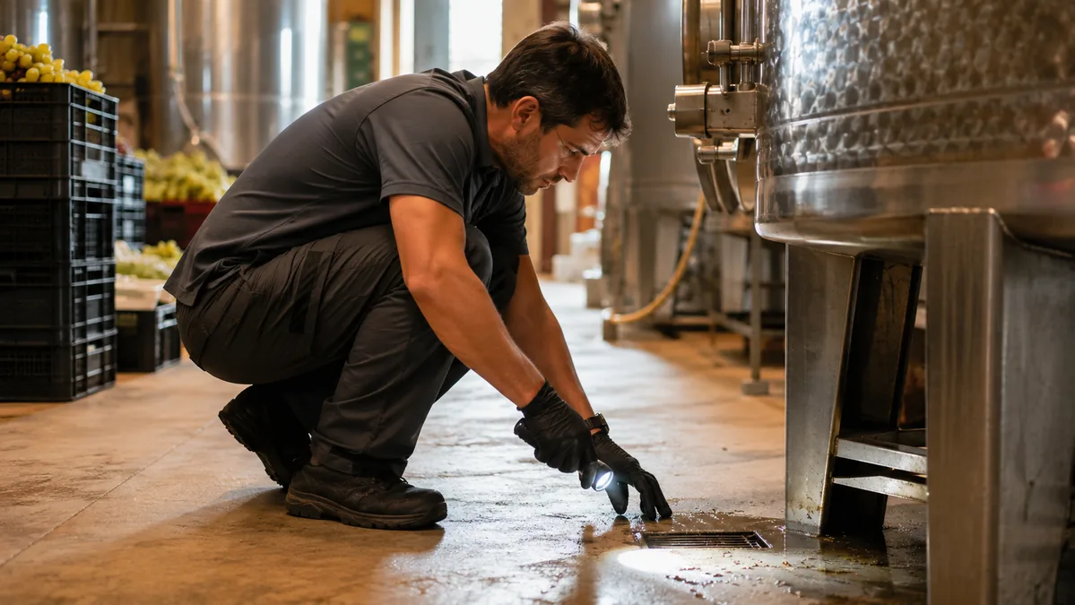 Técnico inspeccionando un sumidero en una bodega del Bages durante la vendimia