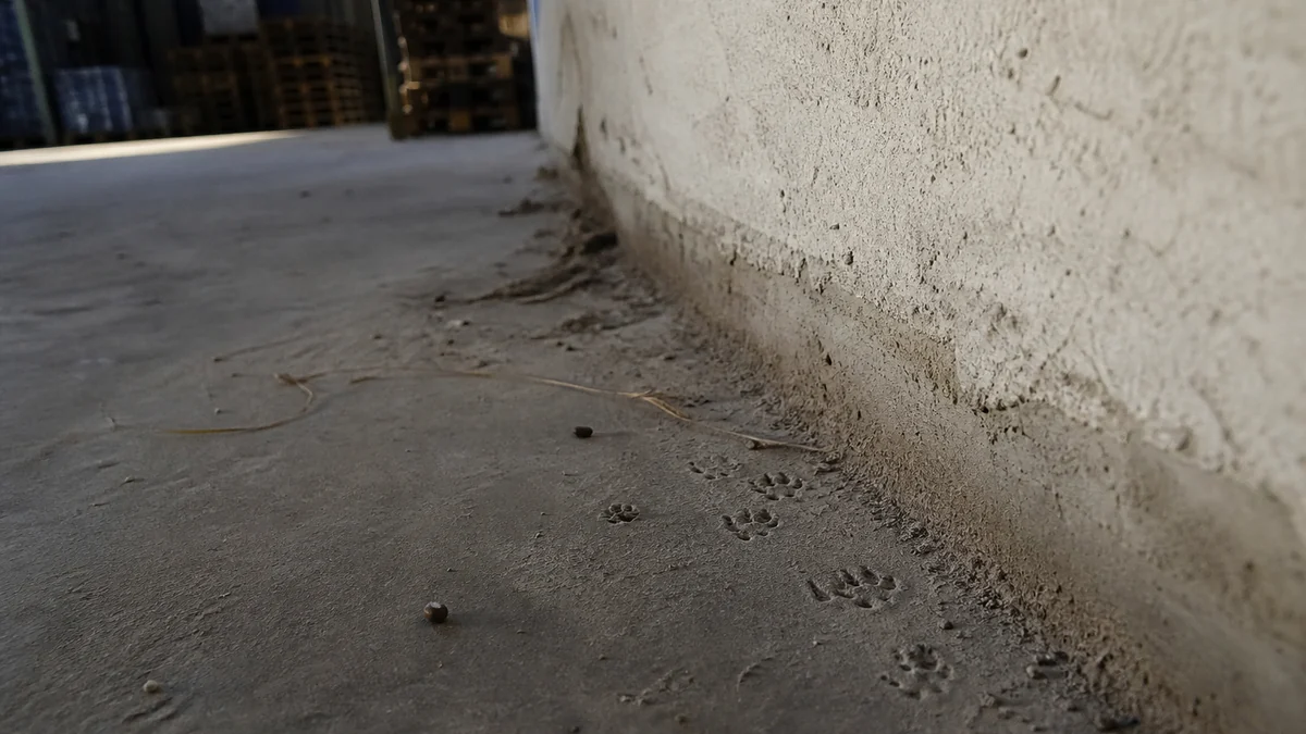 Huellas pequeñas de roedor marcadas en el polvo junto a una pared de nave industrial